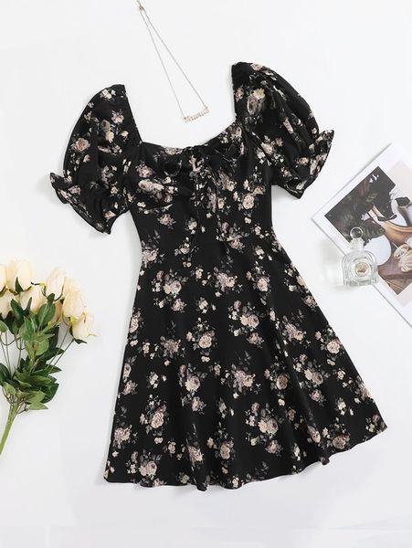 

allover floral print flounce sleeve ruched knot bust dress she, Black;gray