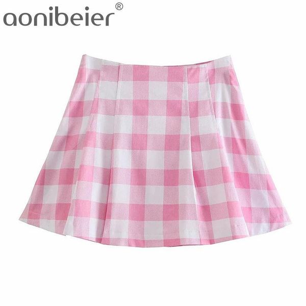 

women's shorts aonibeier pink plaid skorts summer autumn fashion folds front side zipper women casual high waist loose checked female, White;black