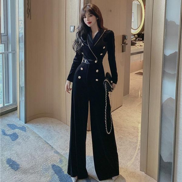 

women's clothing jumpsuit autumn and winter long-sleeved waist thinner velvet wide-leg pants female high-waist casual trousers, Black;white