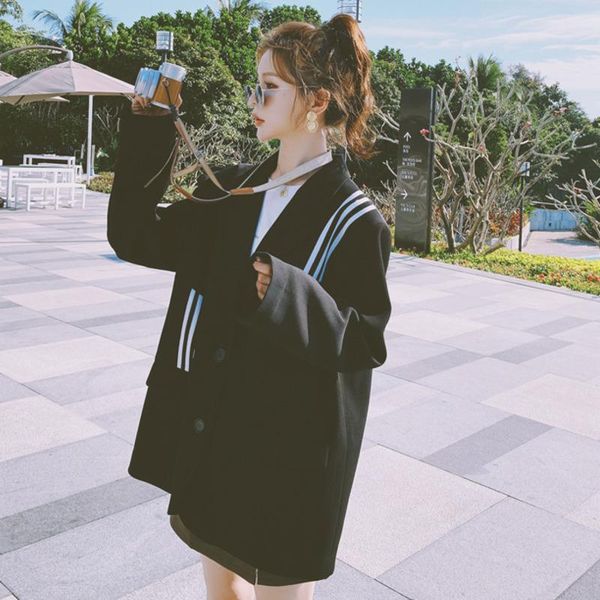 

women's suits & blazers [ewq] 2021 spring female casual notched collar long-sleeved single breasted loose striped black minimalist blaz, White;black