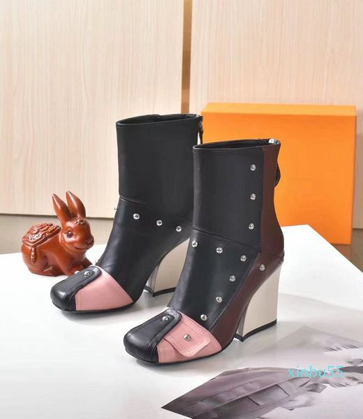

designer boots women winter chain shoes leather low heel high heels boots, Black