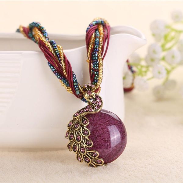 

pendant necklaces retro bohemia style necklace multilayer beads chain crystal peacock abstract design resin, Silver