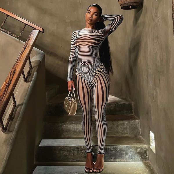 

women's pants & capris 2021 summer autumn women fashion zebra print see through long-sleeved leggings 2 pieces set y2k streetwear s, Black;white