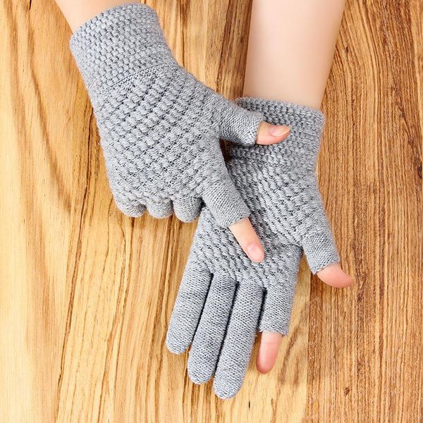 

five fingers gloves style ladies winter half-finger fashion warmth thick knitted wool leaking two-finger touch frequency, Blue;gray