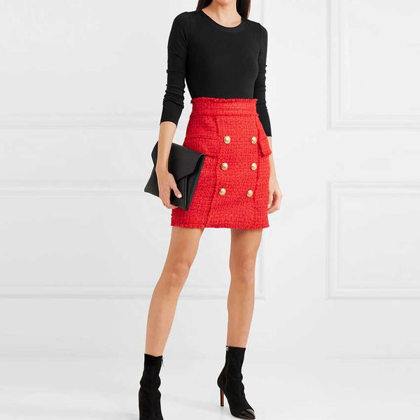 

est runway designer skirt women's lion buttons tassel wool tweed mini 210526, Black