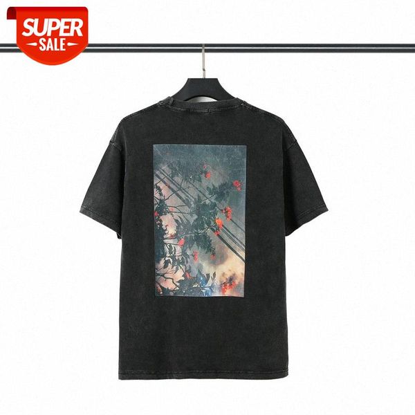 

fog washed black double line plant floral pattern short sleeve #yc3y, White;black