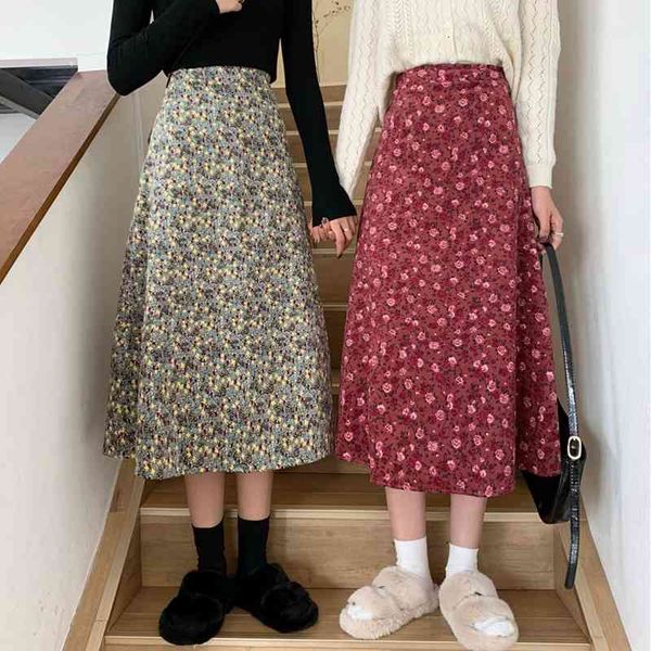 

skirts corduroy vintage floral print ruffle pleated long women korean a114 streetwear drawstring elastic waist midi 0fab, Black