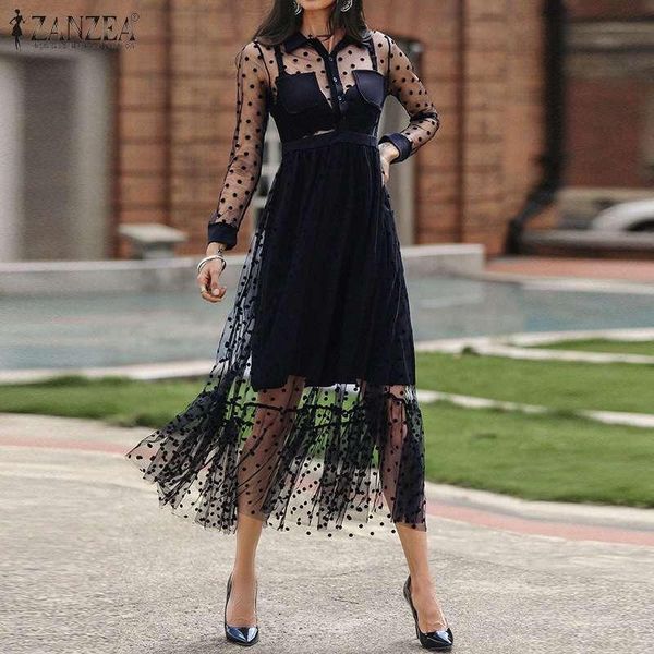 

summer polka dot sundress women's mesh dress zanzea casual lapel neck long sleeve transparent club maxi vestidos femme, Black;gray