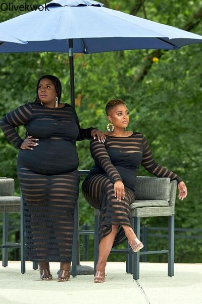 

plus size dresses olivekwok 2021 woman fashion solid black gauze striped o-neck long sleeve ankle-length dress