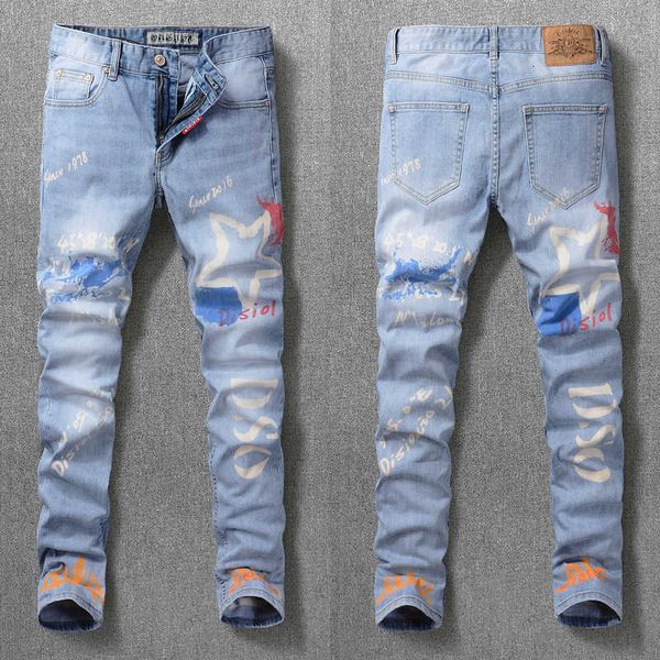

men's jeans european american fashion designer elastic slim fit printed night club streetwear hip hop denim punk pants 1omc, Blue