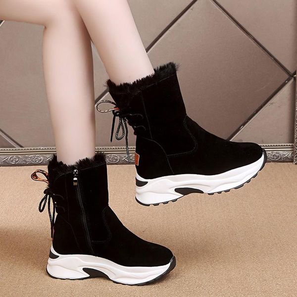 

boots 2021 winter women's all-match lace-up flanging short tube snow boot thick bottom velvet warm cotton shoes women, Black