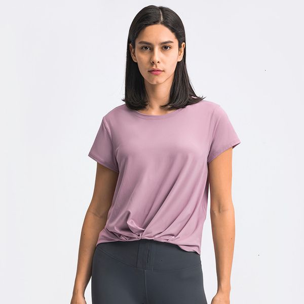 

women's t-shirt yoga fashion versatile front hem pleated sports loose fitness body running casual gym clothes suit_sell, White