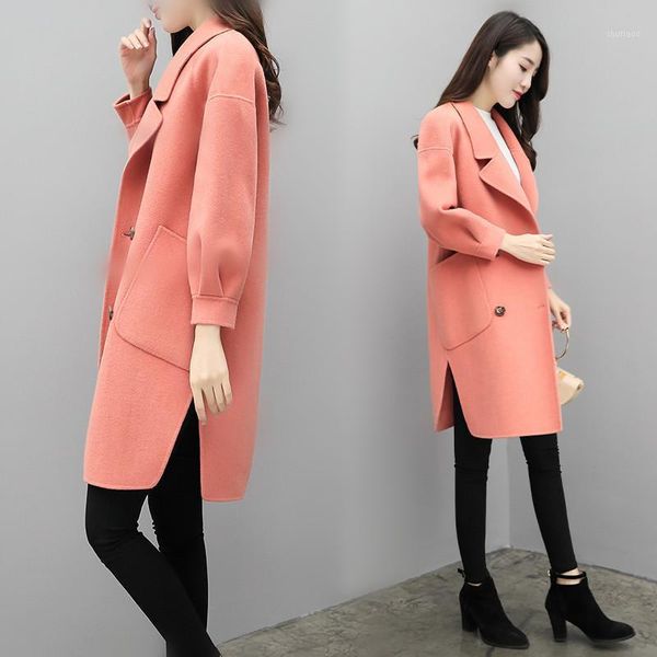

women's wool & blends 2021 korean version fashion blend coat long sleeve mid-length autumn winter women double breasted woolen cloth ja, Black