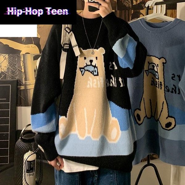 

men's sweaters 2021 harajuku vintage polar bear pattern trendy loose thicken warm hip hop pullover sweater men balck pullovers, White;black