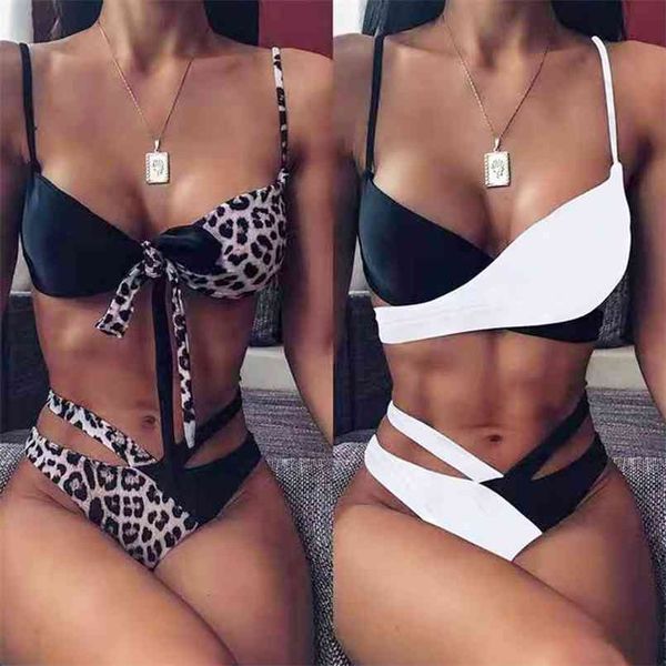 

leopard bikini female figh waist swimsuit thong brazilian set ladies beachwear women 210722, White;black
