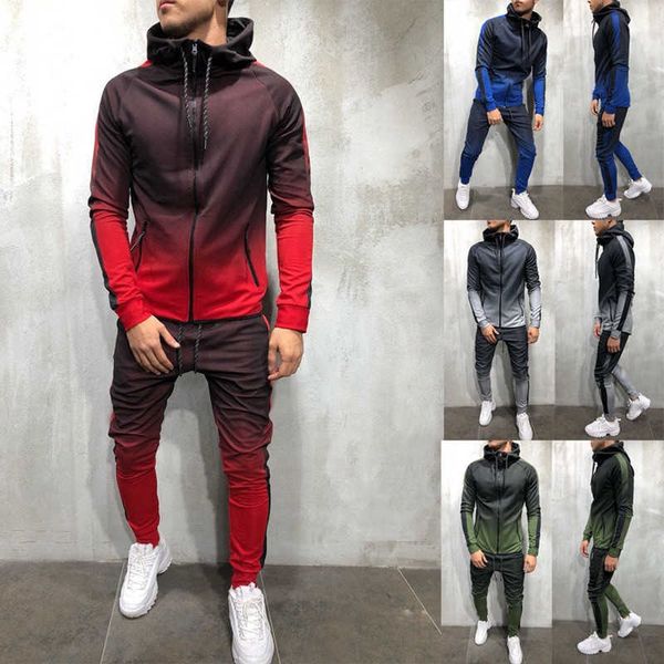 Freizeitkleidungssets für Herren, langärmelig, Kapuzenmantel, Jacke + knöchellange Bleistifthose, Hose, Gentleman-bedruckter Sport-Trainingsanzug X0610