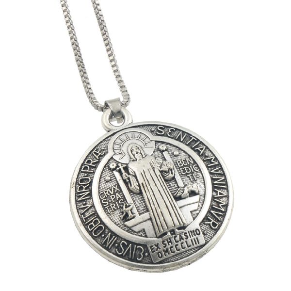 3D Runde St. Benedict Medaille Katholizismus Anhänger Halsketten Antik Silber Legierung Kreuz N1727 24 Zoll 10 teile/los