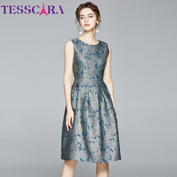 

casual dresses tesscara women autumn luxury jacquard dress festa elegant cocktail party robe femme sleeveless designer vestidos, Black;gray