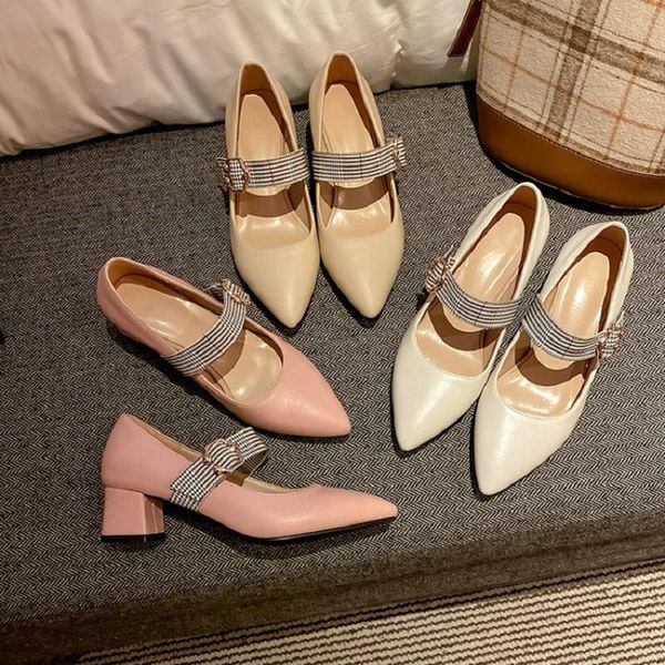 

dress shoes sweet ladies pointed toe chunky high heels woman mary janes buckle strap wedding luxury white women pumps size 33-43, Black