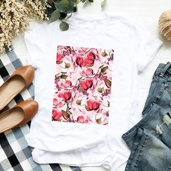 

rose floral printed women t shirt short sleeve loose tee clothes graphic, White