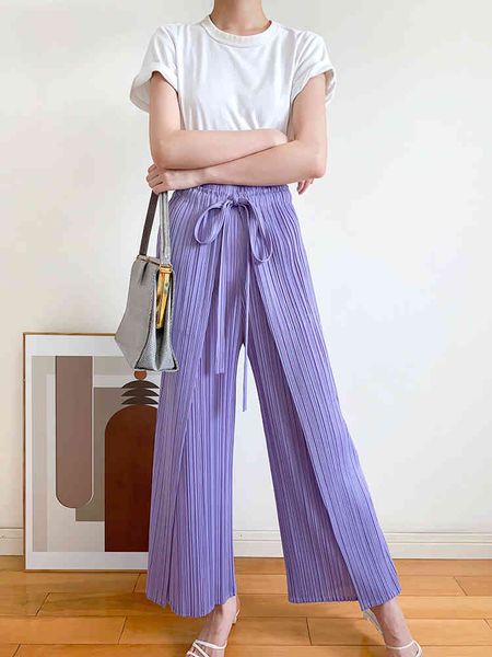 

women's pants & capris miyake pleated female skirt pants two piece lace double layer design strap wide leg loose thin elastic trou, Black;white