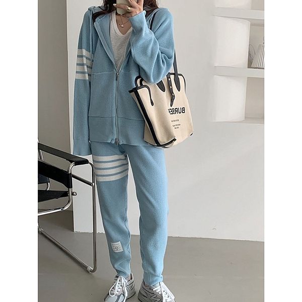 

tb waffle hooded sweater men's women's four bar cardigan jacket trousers loose and thin casual knitted suit fashion, Gray