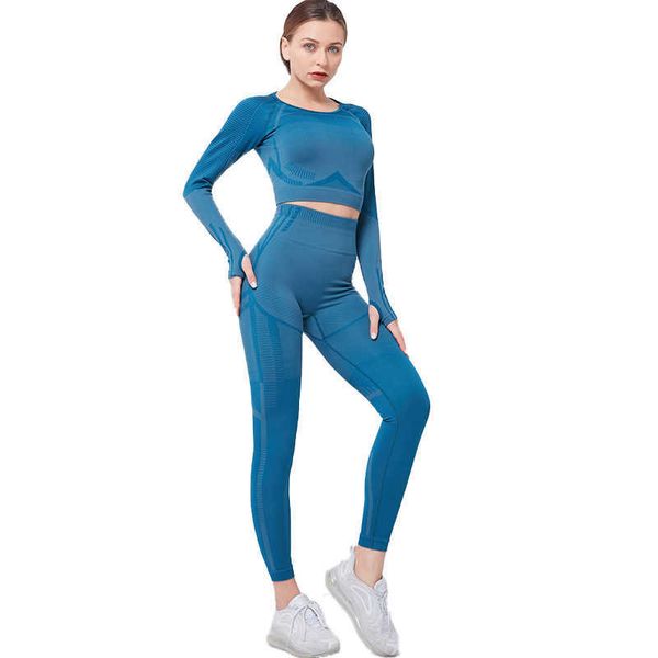 Set da 2 pezzi SeamlYoga Set da donna a maniche lunghe Set sportivo Pantaloni da yoga a vita alta da indossare per le donne Palestra Abbigliamento super elastico X0629