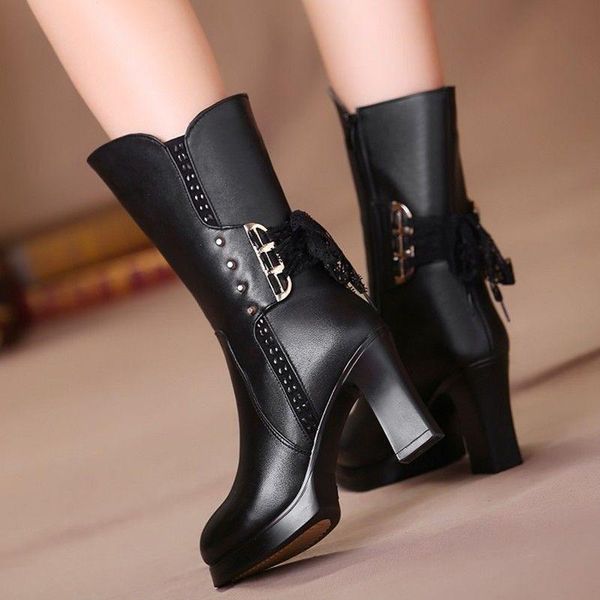 

boots platform winter women's middle tube women fashion zipper mother's cotton plush warm high heel riding, Black