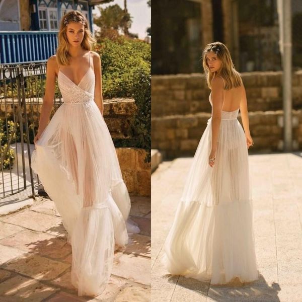 

new lace 2021 appliqued backless wedding es v neck beach bridal gowns a line tulle floor length pleated vestidos de mairee hm9v, White