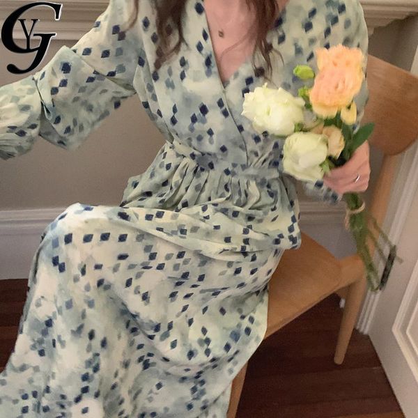 

casual dresses 2021 summer boho polka dot chiffon maxi for women v-neck long sleeve robe femme vestido de mujer beach, Black;gray