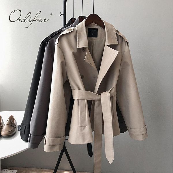 

ordi2021 autumn women trench coat with belt chic female windbreaker double breasted casual outwear coats, Tan;black