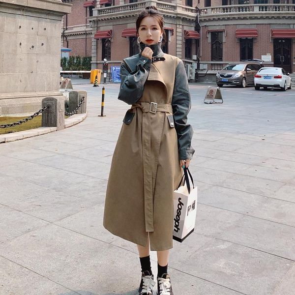 

women's trench coats patchwork coat para mulheres for women 2021 autumn loose over knee double breasted khaki windbreaker outwear femal, Tan;black