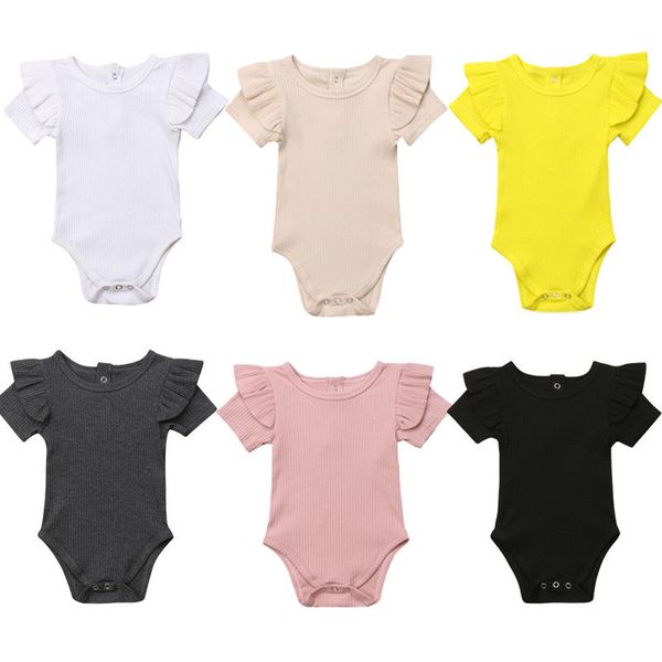 

0-24m baby boys short sleeve bodysuits girls ruffles sleeve solid cotton jumpsuits infant outfit kids romper for newborn, Blue
