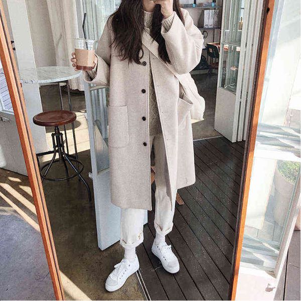 

2021 autumn and winter sweet fresh college style black woolen coat women's medium long short