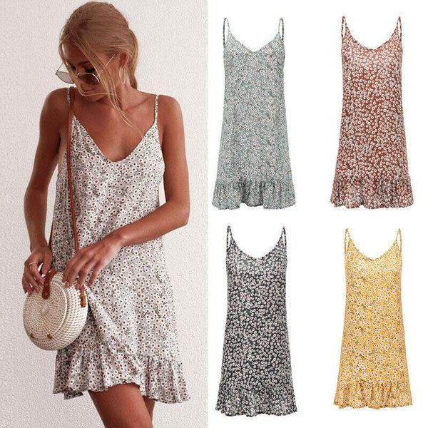 

womens casual summer boho sundress comfort floral printing slip dress v neck sleeveless ruffled hem holiday beach dresses, Black;gray