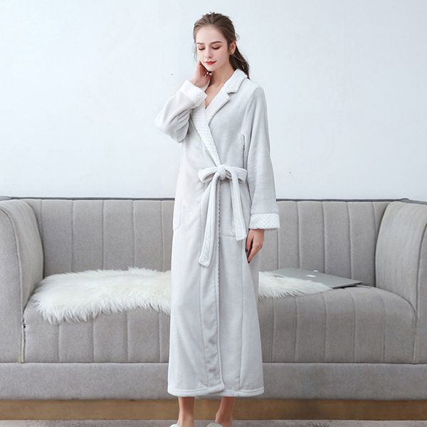 

2021 New Women Winter Long Flannel Solid Shirt Woman's Neck Women's Robe Thick Ankle Sleepwear Length with Ladies Nightwear Bands Q7A5, White