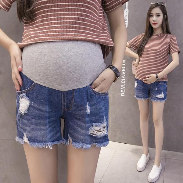 

maternity bottoms 959# 2021 summer thin ripped hole denim shorts high waist adjustable belly clothes for pregnant women pregnancy, White