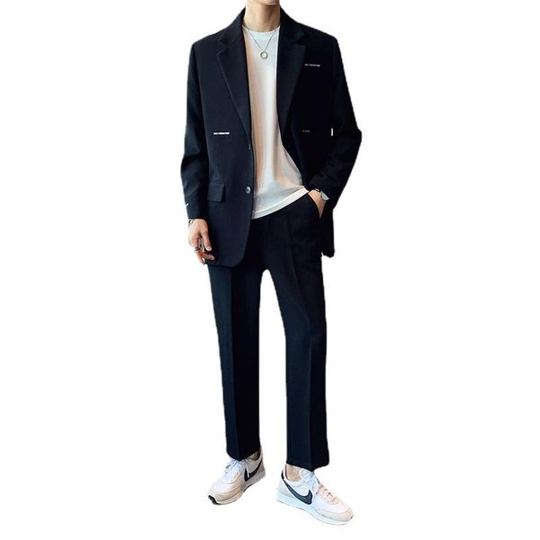 

men's suits & blazers men 2pcs sets letter embroidery blazer jacket pant male streetwear trendy fashion hip hop loose casual dress, White;black