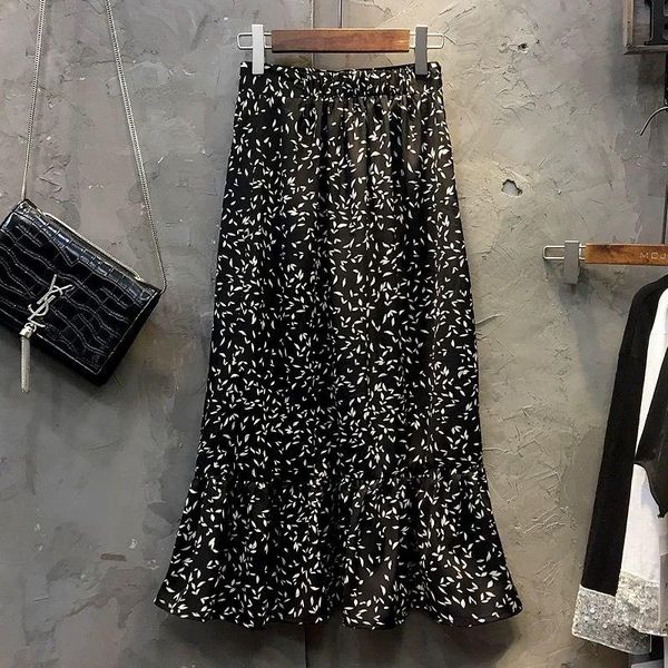 

skirts summer womens 2021 vintage floral print chiffon elastic high waist casual midi skirt women clothes jupe femme y801, Black