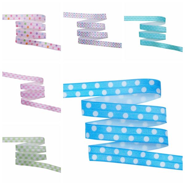 

100yards/lot heat transfer printed polka dots plaid foe ribbon fold over elastic for hair ties accessories welcome custom design, Pink;blue