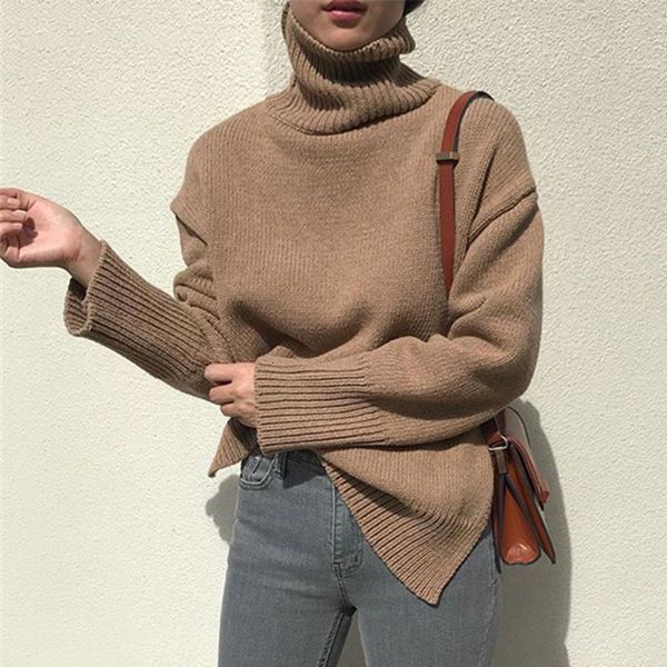 

2021 new women's sweaters autumn winter pullover knitted turtleneck split minimalist solid korean style loose sw7400 27bi, White;black