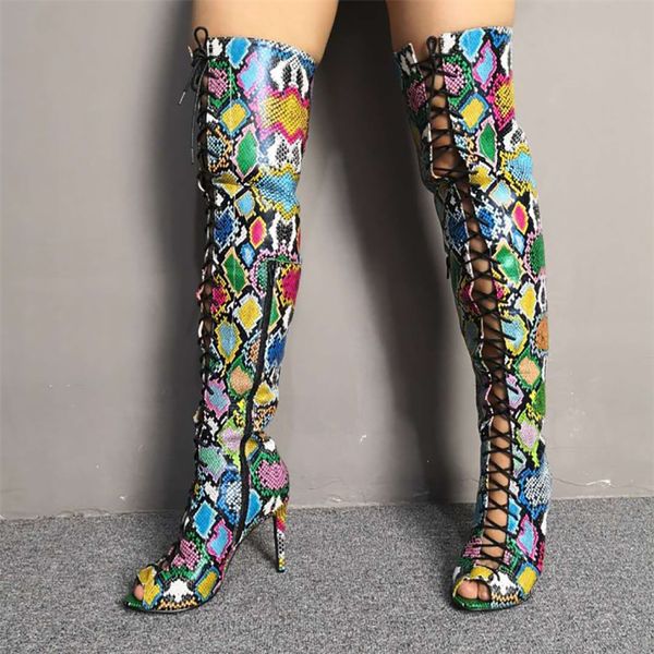 Handmade Дамы Стелето Высокие каблуки на колен Сапоги Crisscross Relds Peep-Toe Летние Потрясающие бедра Высокие Вечерние Клуба Мода Party Prom Обувь D643