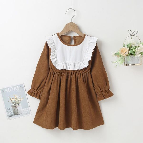 

girl's dresses winter 2021 girls dress long sleeve o neck patchwork brown casual cute streetwear vestidos 18m-6t, Red;yellow