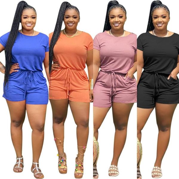 

2021 summer casual sports jumpsuit women o neck short sleeve drawstring pockets rompers street club one piece outfits, Black;white