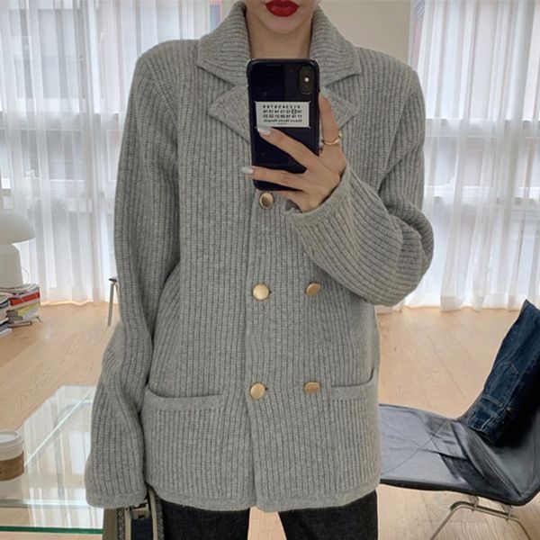 

2021 new minimalist elegant lapel metal double-breasted thick long sleeve knitted sweater cardigan jacket 65vf, White;black