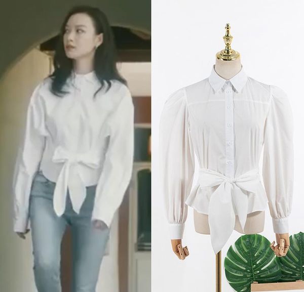 

women's blouses & shirts kpop iu seo yea ji fashion white turn-down collar women full sleeve office elegant female bow-knot shirt