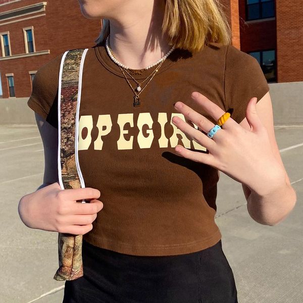 

brown letter print short sleeve crop t shirt ladies casual basic tshrit women skinny y2k 90s streetwear summer, White
