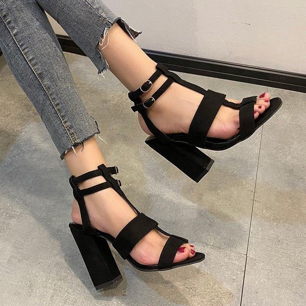 

sandals 2021 summer style large size 35-42 hollow double row buckle open toe high heel thick fashion ladies, Black