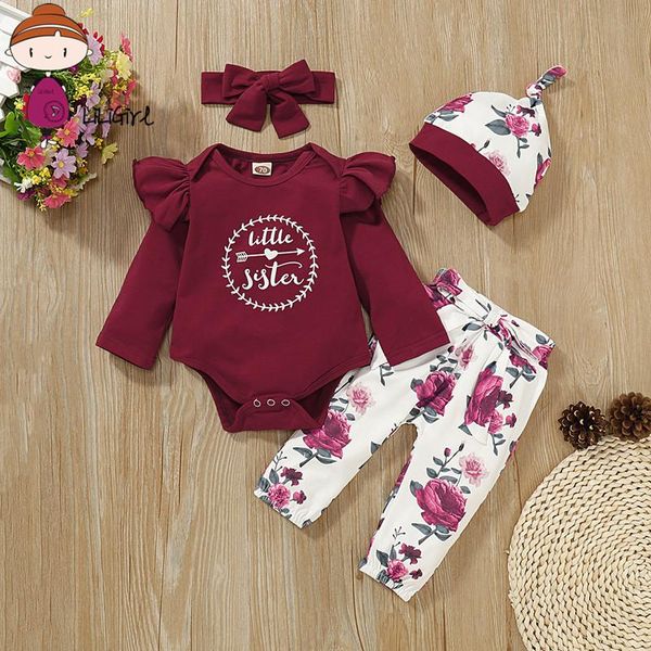 

liligirl baby girls clothes sets spring autumn newborn clothes little sister rompers+pant+hat 4pcs outfit suit for baby infant, White