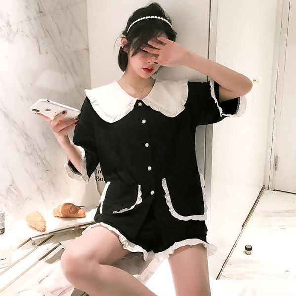 

black 2pcs sample upstairs & shorts pajamas sweet suit peter necklace j5jo, Black;red
